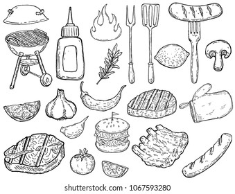 Set of hand drawn grill design elements. Meat, vegetables, grills, kitchen tools. Design elements for poster, menu, flyer. Vector illustration