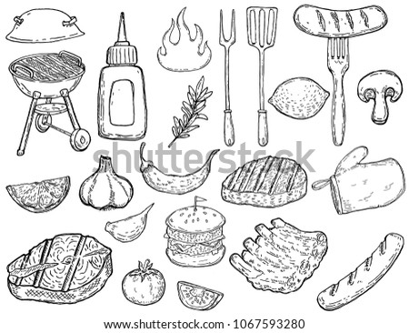 Set of hand drawn grill design elements. Meat, vegetables, grills, kitchen tools. Design elements for poster, menu, flyer. Vector illustration