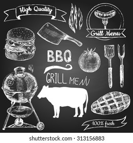 Set of hand drawn grill menu elements on the blackboard