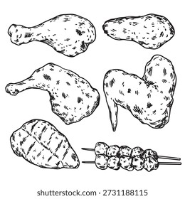 Conjunto de ilustración de dibujo de contorno de pollo a la parrilla dibujado a mano