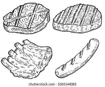 Set of hand drawn grilled meat. Grilled salmon, roasted steak, sausage, roasted ribs. Design elements for restaurant decoration, poster, banner, menu, flyer. Vector illustration