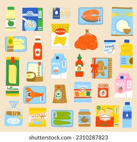 Juego de íconos de alimentos y bebidas dibujados a mano. Vector de fondo del patrón de productos del supermercado. Iconos planos aislados en el fondo de la crema.