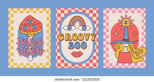 Set of hand drawn groovy Halloween A4 posters or cards. Hippie invitation banner design in modern vintage groovy 70s style wilth lettering and font text. Vector illustration