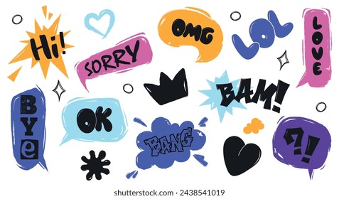 Set of hand drawn groovy speech bubble stickers. Comic balloon chat messages in grunge style, dialogue cloud print. Cartoon conversation emotional sounds. Trendy and retro font lettering