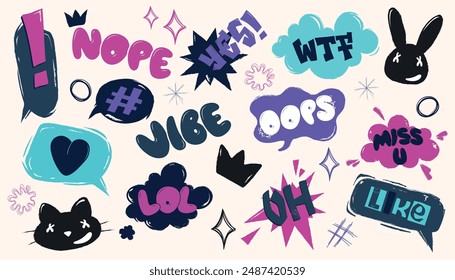 Set of hand drawn groovy speech bubble stickers and elements. Comic balloon chat messages in grunge style, dialogue cloud print. Cartoon conversation emotional sounds. Trendy and retro font lettering