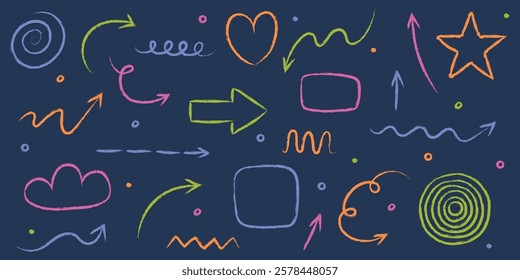 Set of hand drawn grunge arrow, line, square, circle and various shapes. Abstract pencil, crayon and chalk brush style. Doodles. Vector illustration