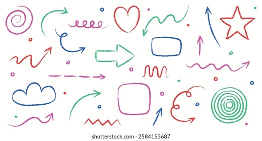 Set of hand drawn grunge arrow, line, square, circle and various shapes. Abstract pencil, crayon and chalk brush style. Doodles. Vector illustration