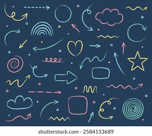 Set of hand drawn grunge arrow, line, square, circle and various shapes. Abstract pencil, crayon and chalk brush style. Doodles. Vector illustration