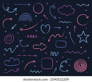 Set of hand drawn grunge arrow, line, square, circle and various shapes. Abstract pencil, crayon and chalk brush style. Doodles. Vector illustration