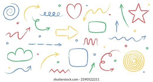 Set of hand drawn grunge arrow, line, square, circle and various shapes. Abstract pencil, crayon and chalk brush style. Doodles. Vector illustration