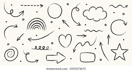 Set of hand drawn grunge arrow, line, square, circle and various shapes. Abstract pencil, crayon and chalk brush style. Doodles. Vector illustration