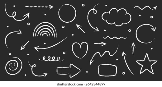Conjunto de flecha grunge dibujado a mano, línea, cuadrado, círculo y varias Formas. Abstractas lápiz, crayón y estilo de pincel de tiza. Garabatos. Ilustración vectorial
