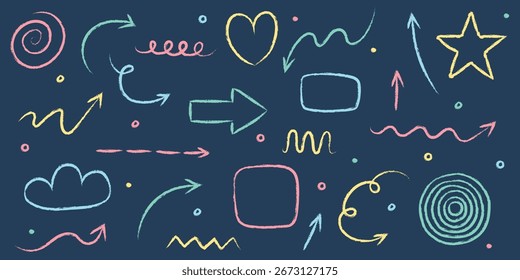 Conjunto de flecha grunge dibujado a mano, línea, cuadrado, círculo y varias Formas. Abstractas lápiz, crayón y estilo de pincel de tiza. Garabatos. Ilustración vectorial