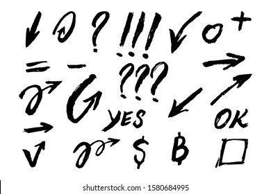 Set of hand drawn grunge arrows and design elements. For poster, card, banner, flyer. Vector illustration