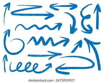 Conjunto de ponteiros e setas grunge desenhadas à mão. Direção, movimento, indicador de ênfase. Ícones de textura de esboço de setas retas, multidirecionais, arredondadas e outras, elementos vetoriais