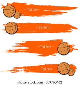 Banderas de grano dibujadas a mano con baloncesto. Fondo naranja con salpicaduras de tinta de color agua y manchas. Ilustración del vector