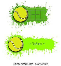 Set of hand drawn grunge banners with tennis ball and field. Green background with splashes of watercolor ink and blots. Vector illustration