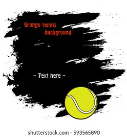 Set of hand drawn grunge banners with tennis ball. Black background with splashes of watercolor ink and blots. Vector illustration