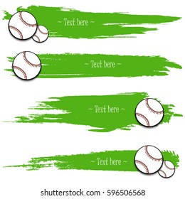 Set of hand drawn grunge banners with baseball. Green background with splashes of watercolor ink and blots. Vector illustration