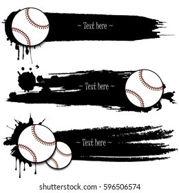 Set of hand drawn grunge banners with baseball. Black background with splashes of watercolor ink and blots. Vector illustration