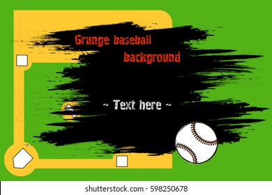 Set of hand drawn grunge banners with baseball ball and field. Black background with splashes of watercolor ink and blots. Vector illustration