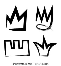 Set hand drawn grunge black crowns. Vector graffiti illusrtation. Brush paint signs isolated on white background.