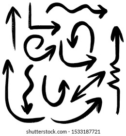 Set of hand drawn grunge black ink brush pen arrows mixed doodle style isolated on white background.Flat icons vector Illustration.