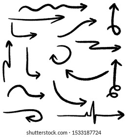 Set of hand drawn grunge black ink brush pen arrows mixed doodle style isolated on white background.Flat icons vector Illustration.