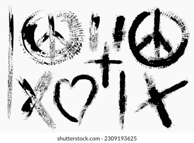 Set of Hand Drawn Grunge Brush Smears, Hand Drawn Grunge Brush vector, Black vector brush strokes collection. peace brush Black paint 