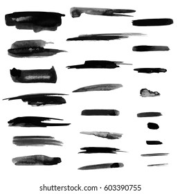 Set Of Hand Drawn Grunge Brushes. Ink Design. Black Strokes Isolated On White Background. Horizontal Positioned. Different Creative Shapes And Size. Watercolor Style.Silhouette. Vector EPS 10.