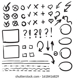 Set of hand drawn grunge check signs with check box, markers and underlines. 