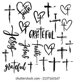 Set of hand drawn grunge christian cross, heart. Religion symbosl vector illustration isolated on white background. Easter graphic design.