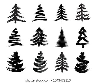 Set of Hand drawn Grunge Christmas Trees.  Vector illustration
