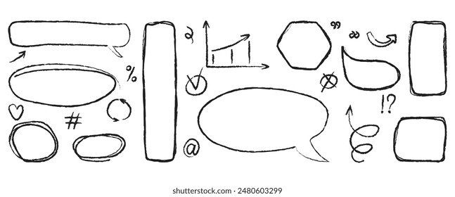 Conjunto de círculos de grunge dibujados a mano y resaltados cuadrados. Marcador rayar garabato en el interior.  Garabatos para obras de arte diferentes Formas. Ilustración vectorial