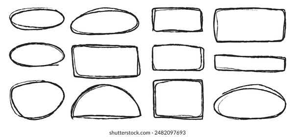 Conjunto de círculos de grunge dibujados a mano y resaltados cuadrados. Marcador rayar garabato en el interior.  Garabatos para obras de arte diferentes Formas. Ilustración vectorial