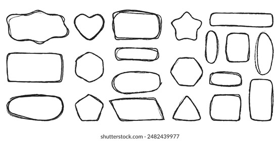 Set of hand drawn grunge circle and square highlights. Marker scratch scribble inrounder.  Doodles for artwork different shapes. Vector illustration