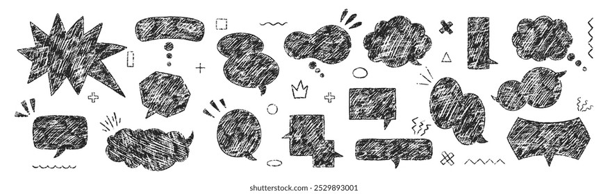 Conjunto de giz de cera desenhado à mão, carvão vegetal, bolhas de fala de giz em estilo doodle. Caixas de texto com ênfase. Japão ilustração manuscrita sobre um fundo branco.