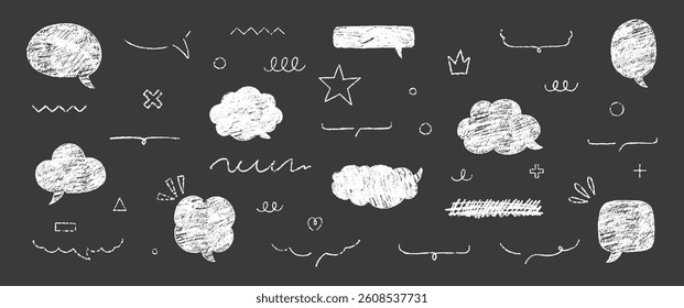 Set of hand drawn grunge crayon, charcoal, chalk speech bubbles and highlights. Text frames with emphasis. Japan handwritten illustration on a black background.