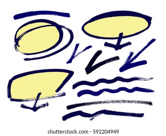 Set of hand drawn grunge design elements, frames, speech bubbles, boxes and brush strokes. Vector illustration
