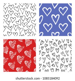 Set of hand drawn grunge seamless pattern. Female romantic background. Abstract  doodle drawing. Vector art illustration hearts