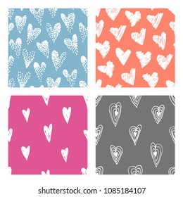 Set of hand drawn grunge seamless pattern. Female romantic background. Abstract  doodle drawing. Vector art illustration hearts