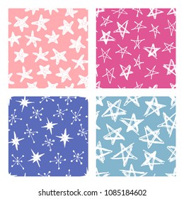 Set of hand drawn grunge seamless pattern for design use. Abstract  doodle background. Vector art illustration stars