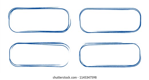 Set of hand drawn grunge style dark blue vintage ball pen rounded rectangle scribbles on white paper background. Text logo or icons selection abstract note frame concept