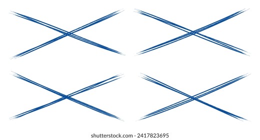Set of hand drawn grunge style dark blue vintage ball pen cross out mark scribbles on white paper background. Text logo or icons selection abstract cross out concept