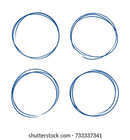 Set of hand drawn grunge style dark blue vintage ball pen scribbles on white paper background. Text logo or icons selection abstract frame concept.