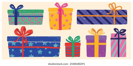 A set of hand drawn grunge texture present gift boxes with ribbons in different colors and sizes for Christmas, New year and birthdays