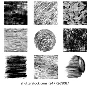 Set of hand drawn grunge textures. Pencil crosshatch shapes. Doodle and sketch style. 