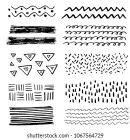 Set of hand drawn grungy texture elements with different shape: lines, circles, waves, spirals, brush strokes. Vector illustration painting by brush-pen for your background, banner, pattern design. 