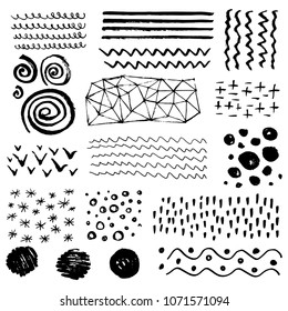 Set of hand drawn grungy texture elements with different shape: lines, circles, waves, spirals, brush strokes. Vector illustration painting by brush-pen for your background, banner, pattern design. 