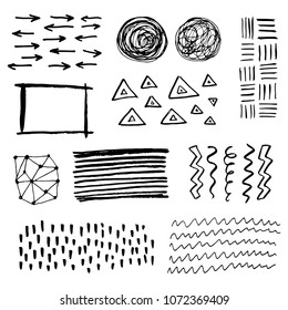 Set of hand drawn grungy texture elements with different shape: lines, circles, waves, spirals, brush strokes. Vector illustration painting by brush-pen for your background, banner, pattern design. 